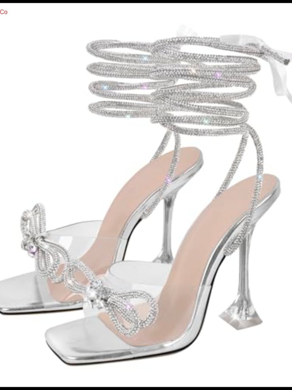Clear Lace Up Stiletto Heels Rhinestone Bow Sandals